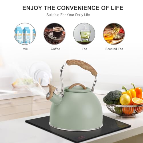 Tea Kettle, Vegoran 100 OZ / 3 Liter Whistling Tea Kettle, Tea Pots for Stove Top Food Grade Stainless Steel with Wood Pattern Folding Handle, Loud Whistle Kettle for Tea, Coffee, Milk (Green)
