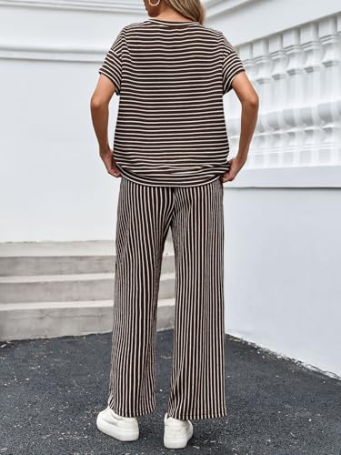 Image of Tankaneo Womens Striped 2 Piece Sets Short Sleeve T Shirts Wide Leg Pants Matching Lounge Set with Pockets
