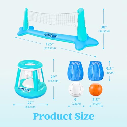Image of JOYIN XL Inflatable Pool Float Set, 125'' Volleyball Net & Basketball Hoops, Extra Large Floating Swimming Game Toy for Kids and Adults, Summer Floaties, Volleyball Court|Basketball, XL-Blue, Cyan