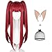 ANOGOL Hair Cap+3 Pieces Set Long Wine Red Wig + (1 Hair Cap+2 Ears) With 2 Ponytails Straight Wig with Bangs for Women Devil Cosplay Costume Synthetic Hair Wig Costume for Anime Halloween Party