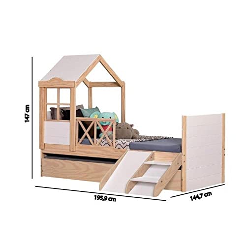 Bicama Solteiro Infantil Garden com Telhado Plus e Kit Escadinha Casatema Natural/branco