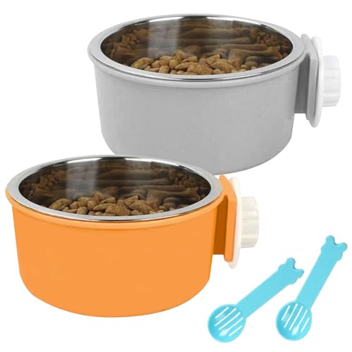 Hamiledyi 2-Pack Hanging Dog Bowls with Removable Stainless Steel Feeder - Spill-Proof Crate Bowls for Kennel/Cage, Puppy to Medium Dogs, Cats, Rabbits & Guinea Pigs (Durable Pet Food & Water Dishes)