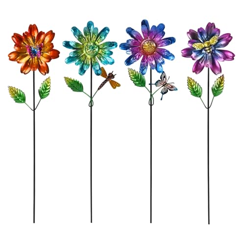 Calenzana Metal Flower Garden Stakes for Outside Set of 4, Flower Garden Decor with Shaking Head for Yard Porch Lawn Pathway, Multi-Color