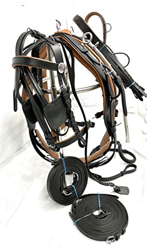 AMAZING HORSE STUFF Tan Soft Leather & Black Leather Driving Harness for Single Horse Cart in 4 Sizes Full, Cob, Pony & Shetland (Full)