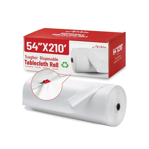Image of Plastic Table Cloth, 210 Ft X 54 in Disposable Tablecloth White Plastic Tablecloth with Any Cut Sliding Cutters Premium Table Cover Roll for Picnics, Parties, Birthdays, Weddings