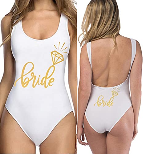 Woman White Bride Gold Letter Back Print Swimwear...