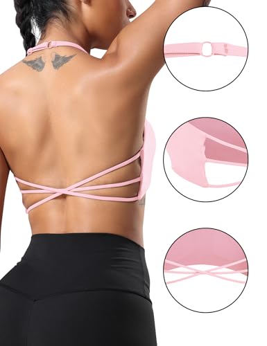 Image of YEOREO Women's Sports Bra Halter Workout Sports Bra Strappy Criss Cross Back Bra Removable Padded Yoga Crop Top