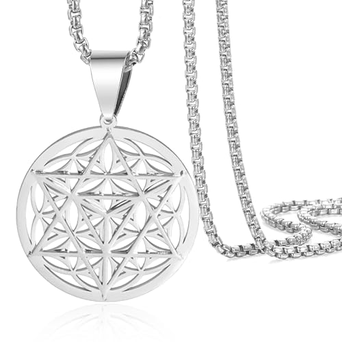 VASSAGO Merkabah on Flower of Life Collar Mandala Collar Geometría Estrella Tetraedro Merkaba Colgante Collar Budista Flor de Loto Mandala Colgante Joyería Regalo para Mujeres Hombres, Acero
