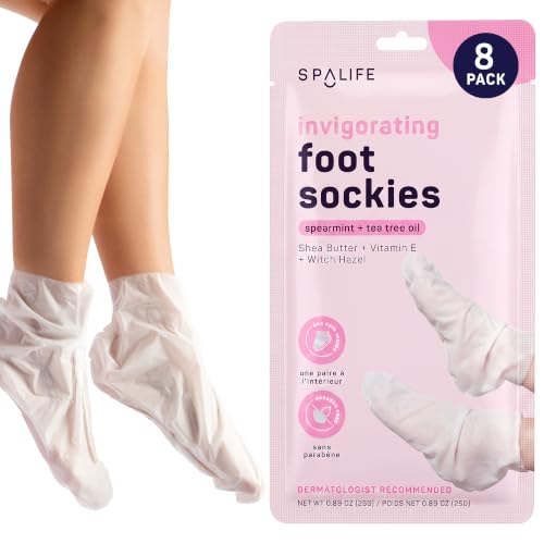SpaLife Moisturizing Foot Sockies | Foot Mask for Dry Cracked Feet | Tea Tree Oil Softening Booties | Callus Remover Alternative | Self Care Gifts for Women | 8 Pack