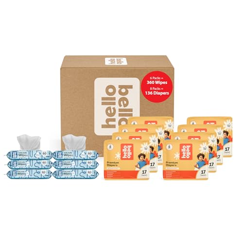 Hello Bello Mega Surprise Pack, Size 6 (35+ lbs), 136ct Hypoallergenic Assorted Diapers with a Soft, Cloth-Like Feel Plus 360 Ultra Gentle Unscented Baby Wipes in 6 Resealable Packs