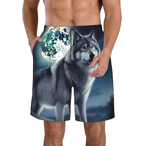 Men's Swim Trunks Quick Dry Board Shorts Mens Bathing Suit Swimsuits Wolf Under Moon Beach Shorts with Pockets