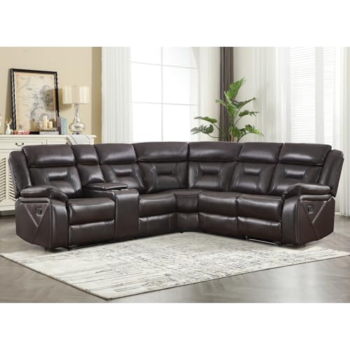 Image of EBELLO Manual Reclining Sectional Sofa for Living Room, L-Shaped Sectional Corner Reclining Sectional Couches Home Furniture Set with Center Console, Hidden Cup Holders and Storage, Dark Brown