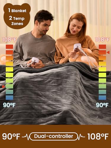 Image of Bearhug Electric Blanket King Size with Dual Controls, 10 Heat Levels & 1-12H Auto Shut-Off, Fast Heating Soft Velvet to Sherpa Heated Blanket for Couples, Machine Washable, Gray