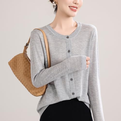 Image of Women's 100% Merino Wool Crew Neck Cardigan Sweater Top Long Sleeve Button Down 2025