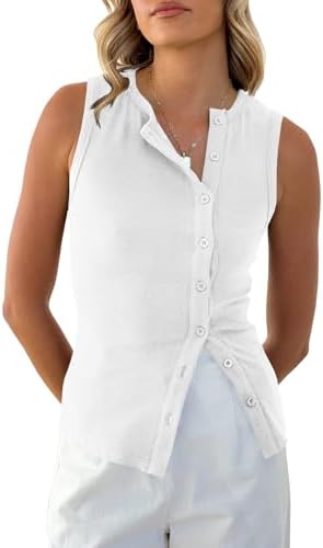Womens Button Down Ribbed Tank Tops Slim Fit Summer Vest Tops Going Out Solid Sexy Sleeveless Shirts