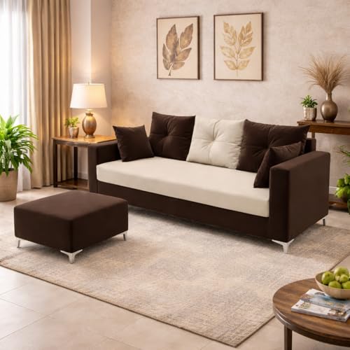 Image of Zora 4 Seater L Shape Sofa Set with Movable Ottomans | Flexible Layout | Rich Velvet Suede Fabric | Silver Legs | Spacious Seating | Modern Sofa for Living Room (Dark Brown-Cream)