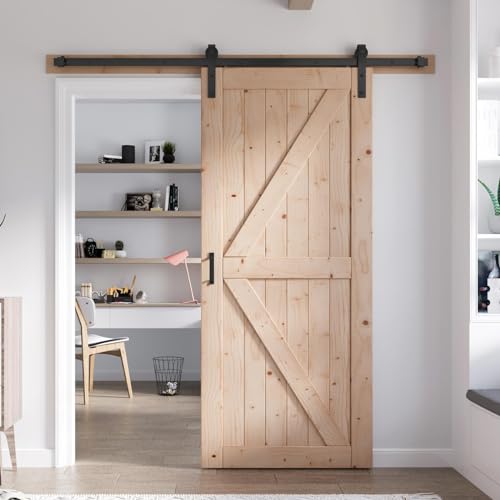 FREDBECK 34in x 84in Sliding Barn Door with 6FT Barn Door Hardware Kit Included Wood K Shape Solid...