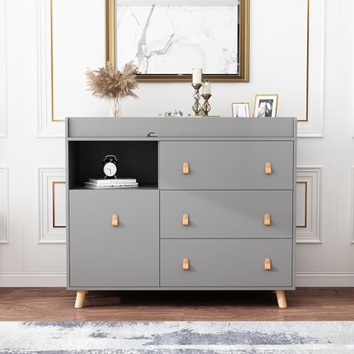 PREMTURE Cambiador con 3 cajones y 1 armario, estantería para cambiar pañales con espacio de almacenamiento abierto, MDF, gris, 112 cm x 42 cm x 96 cm