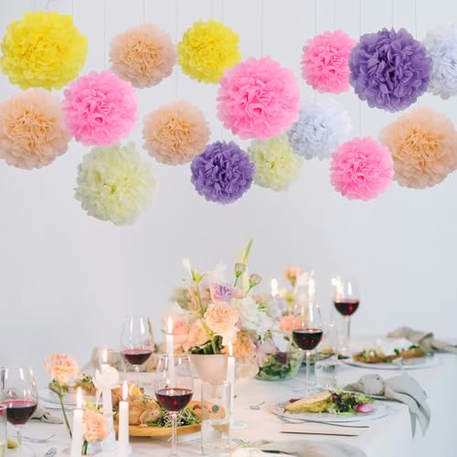 Image of BestoFun 16 PCS Light Color Party Decorations Tissue Paper Flowers Pom Poms Decorations for Girl Groovy Birthday Baby Shower Wedding Bachelorette Room Wall Hanging Decor