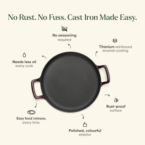Image of Ember Cookware TitaniumClad Enamel Cast Iron Tawa for Dosa 30 cm | 10-Year Warranty | Rust-Proof Cast Iron Tawa for Roti & Dosa | Non Stick Dosa Tawa | Heavy Duty Induction Cookware | Wine