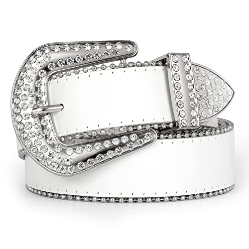 WERFORU Men Western PU Leather Belt Western Cowboy Women Cowgirl Boho Waist Belt with Rhinestone Buckle-