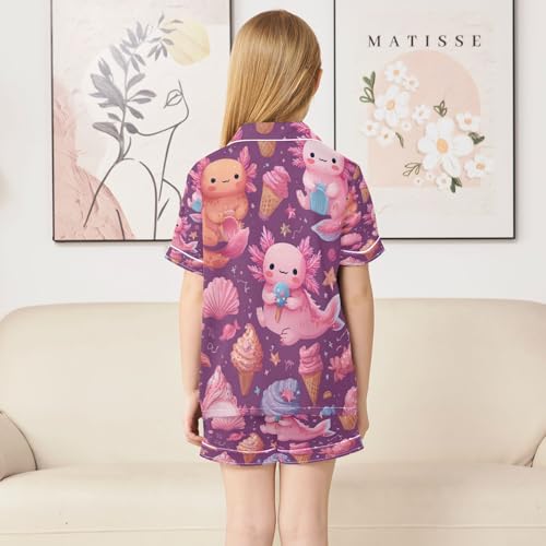 Satin Pajama Sets Short Sleeve Cute Axolotls Ice Cream Button Down Silky Nightwear 2 Piece PJS 5-14Y4