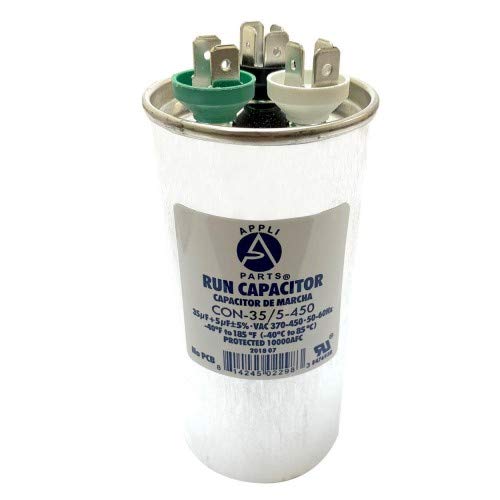 Appli Parts Dual Run Capacitor for ac 35+5 Mfd uF (microfarads) 370VAC or 450VAC CBB65 Round Universal fit for hvac and other applications 4-5/8 in High 2 in Wide CON-35/5-450