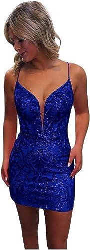 SEIM Sparkly Sequin Tight Homecoming Dresses for Teens Lace Spaghetti Straps V Neck Short Prom Dress Mini Cocktail Gown SE140
