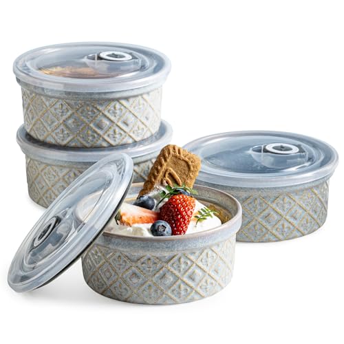 Juego de 4 platos Ramekin de 12 onzas con tapas, ramequines de cerámica para servir salsas, pastel de lava, pudín, soufflé, cuencos para hornear, apto para lavavajillas y horno, color gris