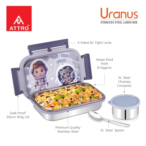 Image of ATTRO Prime Uranus Lunch Box with Ben Water Bottle, School Tiffin Combo, Blue Grey