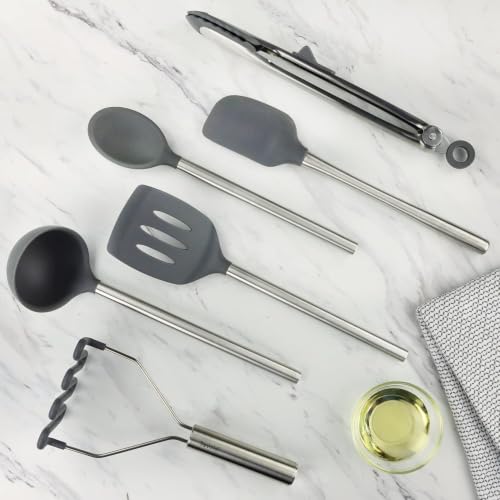 Image of Tovolo Silicone Cooking Utensil Set of 6 Stainless Steel Handle Ladle Slotted Turner Tongs Flex Core Spatula Scraper Mixing Spoon & Potato Masher, Dishwasher Safe BPA Free Utensils, Charcoal Gray