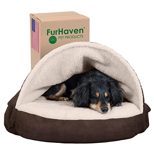 Furhaven 26' Round Cooling Gel Dog Bed for Medium/Small Dogs w/ Removable Washable Cover, For Dogs Up to 30 lbs - Sherpa & Suede Snuggery - Espresso, 26-inch