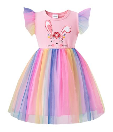 Girls Easter Bunny Dress Toddler Rainbow Tutu Birthday Party Cute Rabbit Easter Rainbow Tulle Dresses 5T/1759