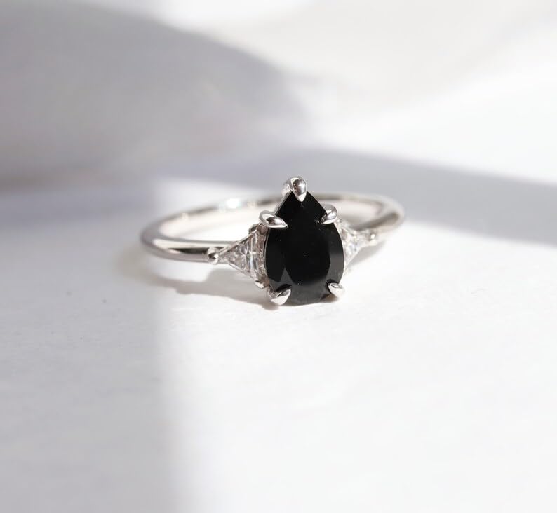 1 ct. Pear Onyx & Triangle Moissanite Ring, 14k Gold Pear Black Onyx Ring, Black Gem Side Stone Rings - GJH176 6