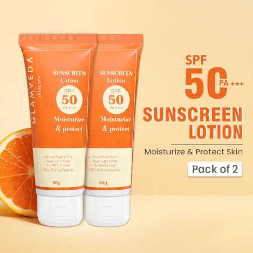 Image of Glamveda Hybrid Sunscreen Lotion Spf 50 PA+++ for Moisturize & Protect | Transparent & Ultra-lightweight Sunscreen | Non-Greasy, Quick-Absorbing | Zero White Cast | For Women & Men | 60ml Pack of 2