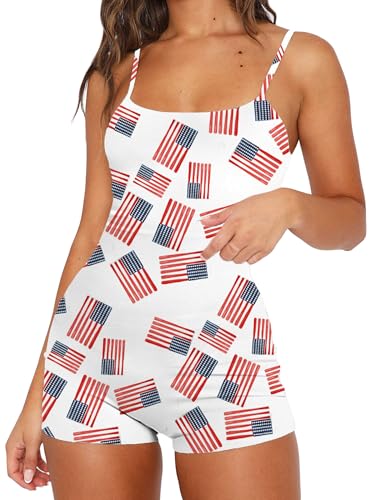 Lodnrimya Womens 4th of July Rompers Sleeveless Patriotic American Flags Print Romper Jumpsuit Short Playsuit (A-White M)