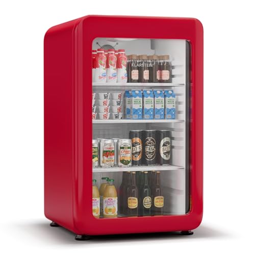 KLARSTEIN Audrey EVO Nevera Bebidas - 113L Frigorífico para Bebidas, Puerta Doble Acristalamiento, Iluminación Led, Termostato Mecánico, Clase Energética C, Rojo