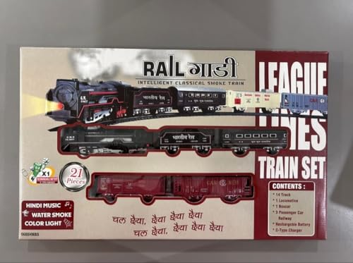 Image of VU Toys Big Rail Gadi Train Set for Kids (3+ Years) | Rechargeable Engine with Coal & Passenger Coach | Water Smoke, Hindi Music, Lights & Sound | C-Type Charging | 10 Round Tracks (Black)