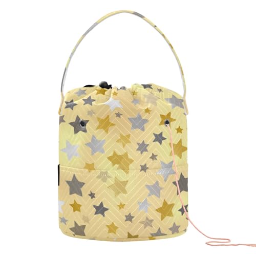 Image of ElliTarr Crochet Bag Yarn Bag with Handle Portable Knitting Project Bag Travel Yarn Storage Organizer Holder Case Cute Silver and Golden Stars