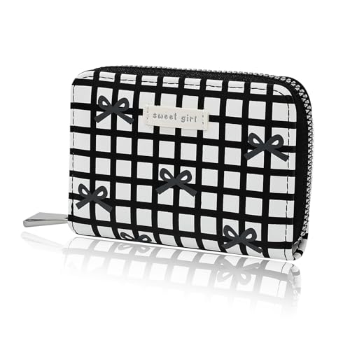 Credit Card Holder, Coquette Cute Bow Ladies Card Wallet, Checkered Bow Design Business Card Holder Small Wallets Woman for Cash, ID Card (Black)