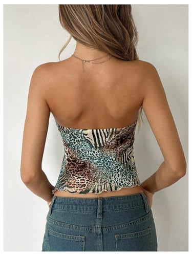 Women's Y2K Cheetah Print Tube Top Leopard Backless Mesh Sheer Bandeau Crop Top Strapless Tie Party Rave Clubwear4