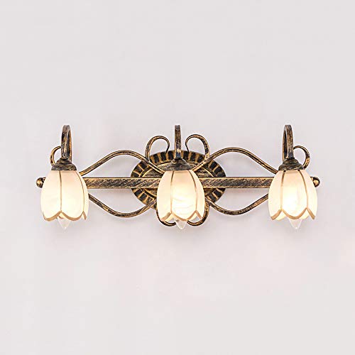 Image of LITFAD LED Wall Sconce Lighting Lotus Shade Bathroom Vanity Light Metal 3 Lights Vintage Style Rust-Proof Wall Light in Bronze for Bedroom Dresser