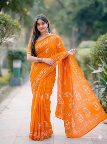 Image of Women's Pure Cotton Printed Saree with Traditional Batik Inspired Border Design, Soft Lightweight Daily Wear Saree with Unstitched Blouse Piece for Festive, Casual and Office Wear