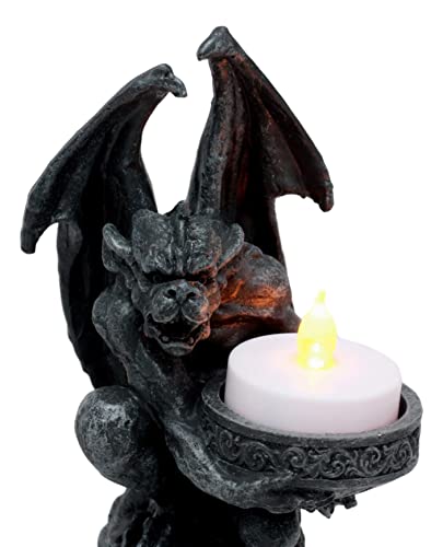 Ebros Gift Gothic Wyvern Gargoyle Standing On Pedestal Pillar Votive Candle Holder Guardian Kneeling Servant Tea Light Candle Figurine 6.75" H #TOP5