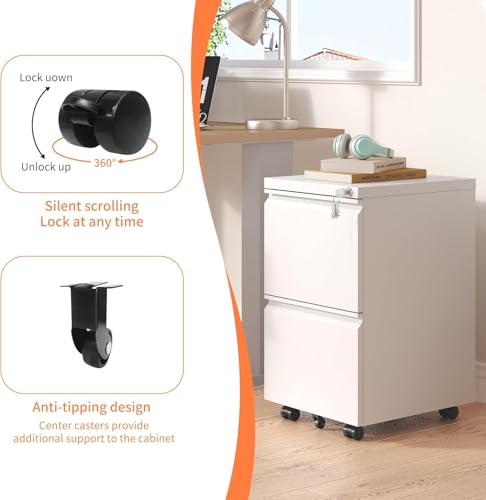 Image of Guizeeopo 2 Drawer Locking File Cabinet, Fully Assembled Heavy-Duty Metal Filing Cabinets for Home Office, Quiet Slides, Anti-Tipping Wheels, Fits A4 /Letter /Legal, Matte White