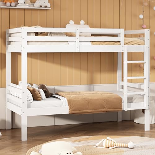 DUlVBPE Etagenbett für Kinder, Kinderbett mit dreistufiger Winkelleiter und Absturzsicherung, Bett aufgeteilt in 2 Einzelbetten, Jugendbett, Einzelbett, Rahmen aus Kiefer, Weiß, 90x200cm