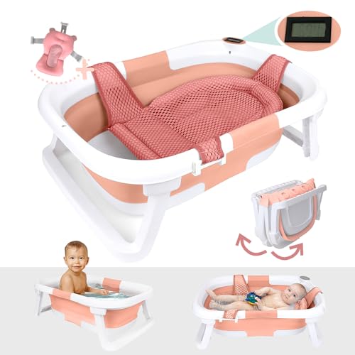 Image of BEBELEH™ Collapsible Baby Bathtub with Thermometer – Bathtub + Baby tub Sling + Newborn Sling – Baby Bathtub Newborn to Toddler 0-24 Months – The Ultimate Baby Bath tub! (with Thermometer,Pink)