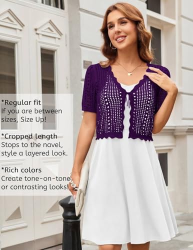 Image of Kate Kasin Women Crochet Shrug Knit Sweater, Short Sleeve Cropped Cardigan | Tie Front Tops Light Weight, Knit Cover Up Arm Bolero For Evening Dresses Dressy Casual, Ladies Eyelet Shawl Thin Formal