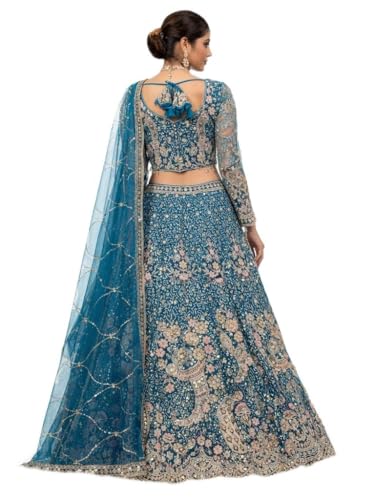 Image of Embroidered Bridal Lehenga Choli Set, Teal Blue, Floral Embroidery, with Dupatta, for Weddings and Festive Occasions