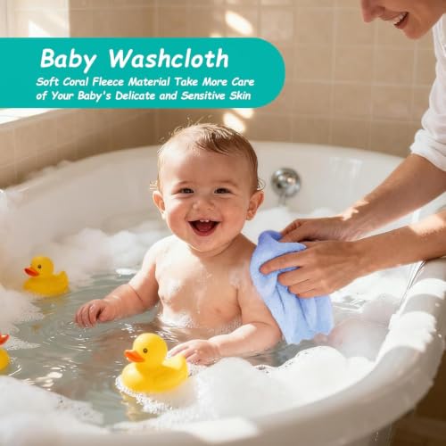 Image of HOMEXCEL Baby Washcloths 20 Pack-Microfiber Coral Fleece Baby Bath Face Towel 11 x 11 Inch Extra Absorbent Soft Burp Cloth and Wash Cloths for Newborn-Infants and Toddlers,Blue
